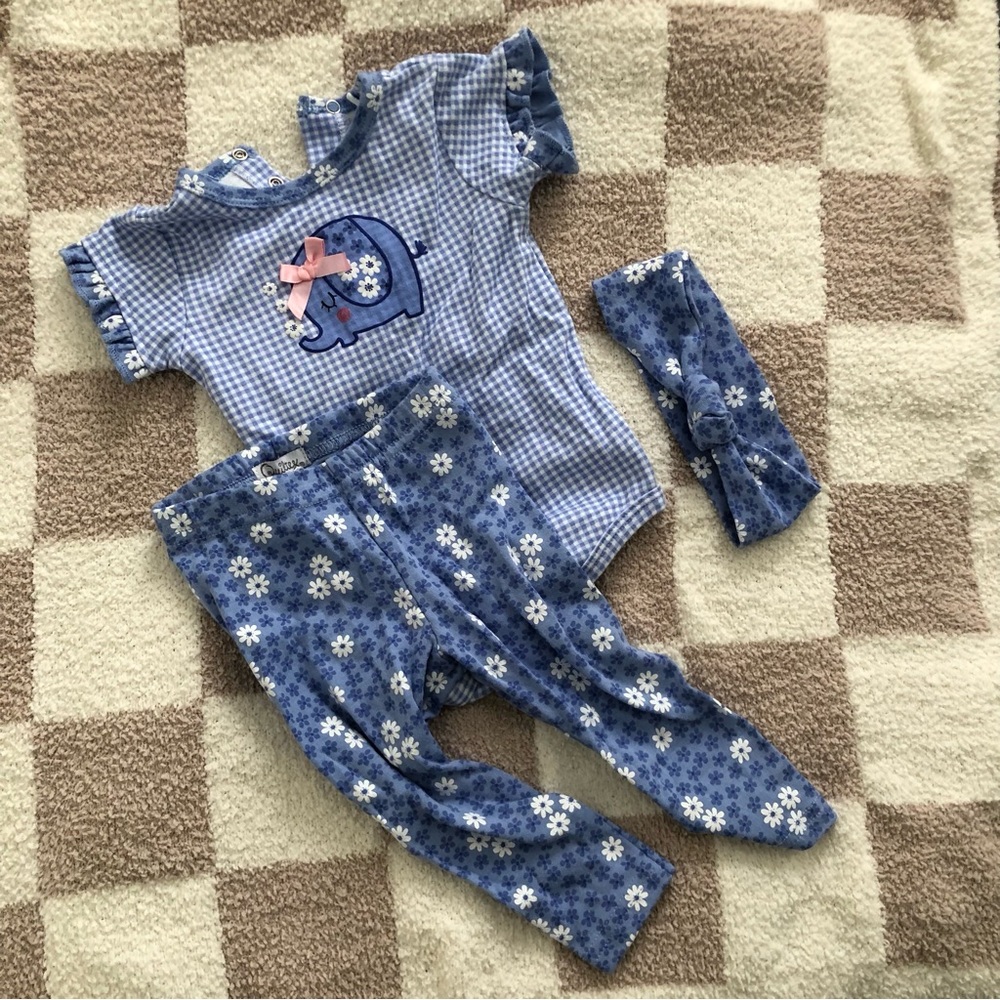 BOGO 🎊 Quiltex Baby Blue Gingham Elephant Outfit with Headband